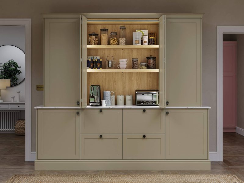 Bloomsbury Sage Green and Olive Country Dresser in Portland Oak (1)